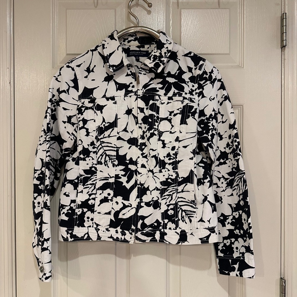 Jones New York Signature Petite Floral Corduroy Zip Jacket Black White PM
